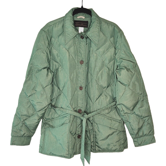 Vintage Eddie Bauer Womens Goose Down Puffer Jacket Size XL Sage Green Belted - Picture 1 of 13